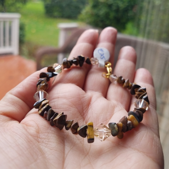 Swarovski Elements Golden Shadow Crystal & Brown Tiger Eye Gemstone Bracelet NWT - Picture 4 of 12